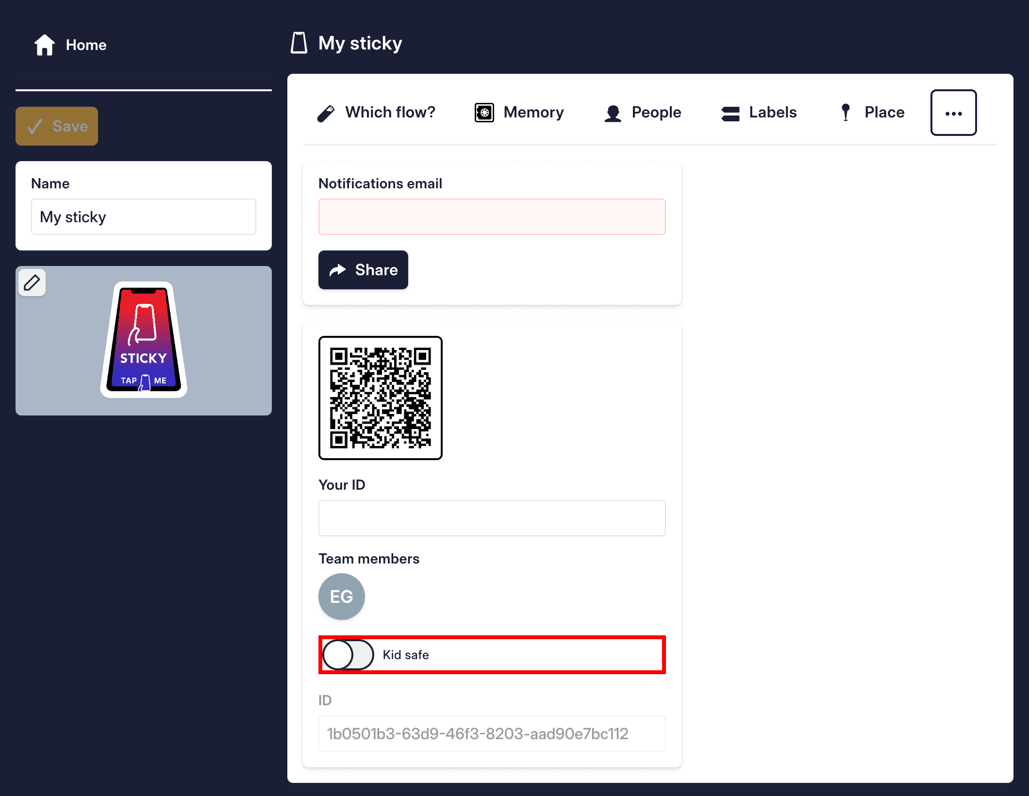 Each sticky (sticker or QR code) has a "Kid safe" toggle